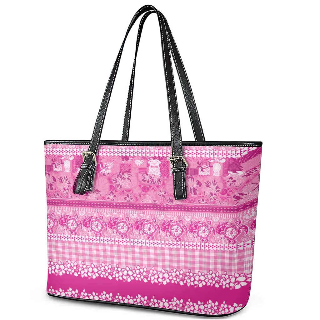 Hawaiian Hibiscus Honu Leather Tote Bag Pink Mele Kalikimaka Palaka Spirit - Polynesian Pride
