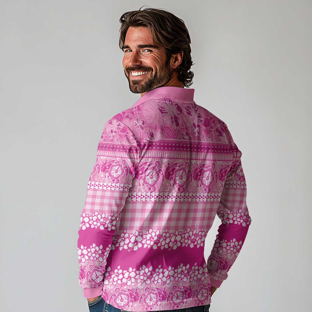Hawaiian Hibiscus Honu Long Sleeve Polo Shirt Pink Mele Kalikimaka Palaka Spirit - Polynesian Pride