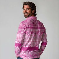 Hawaiian Hibiscus Honu Long Sleeve Polo Shirt Pink Mele Kalikimaka Palaka Spirit - Polynesian Pride