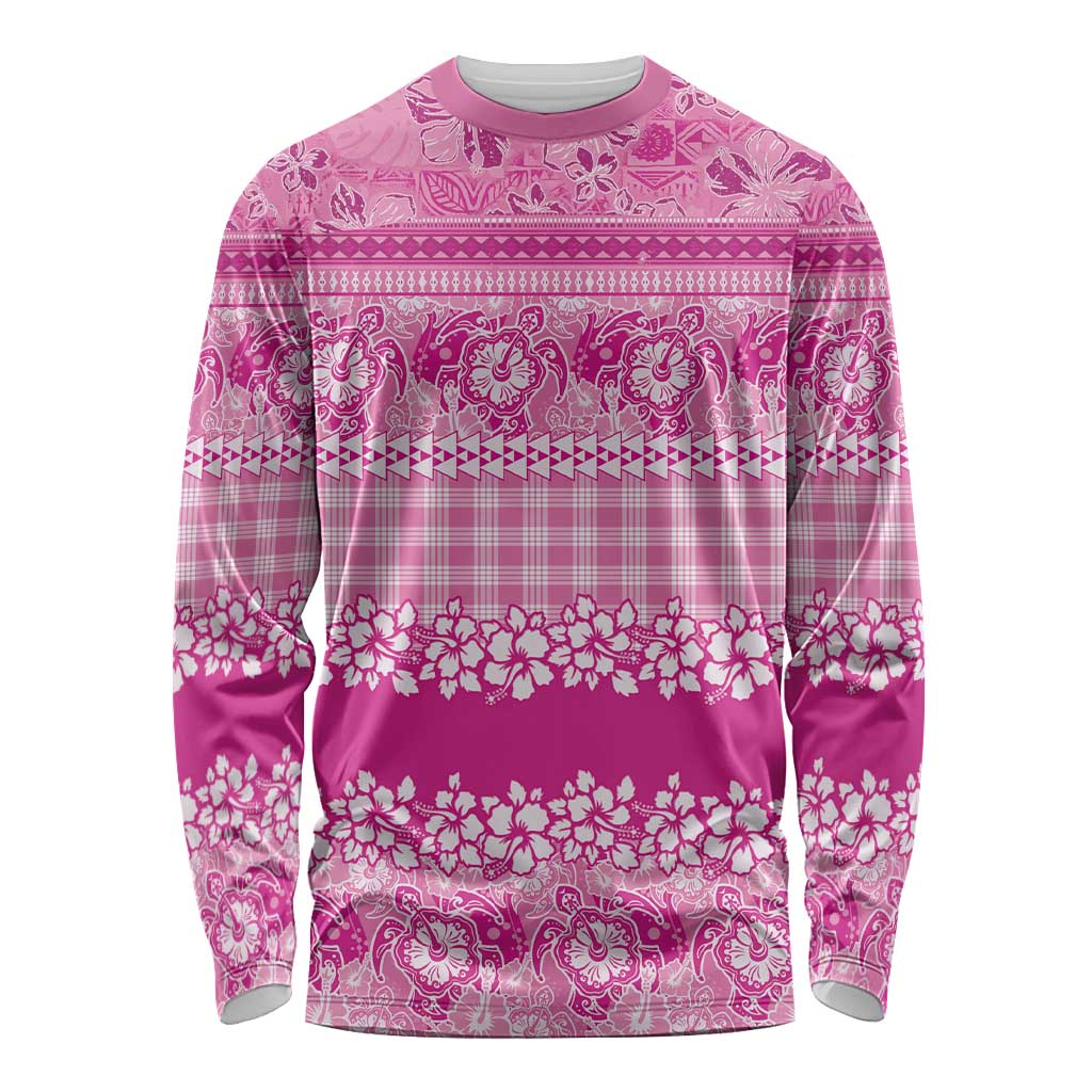 Hawaiian Hibiscus Honu Long Sleeve Shirt Pink Mele Kalikimaka Palaka Spirit - Polynesian Pride