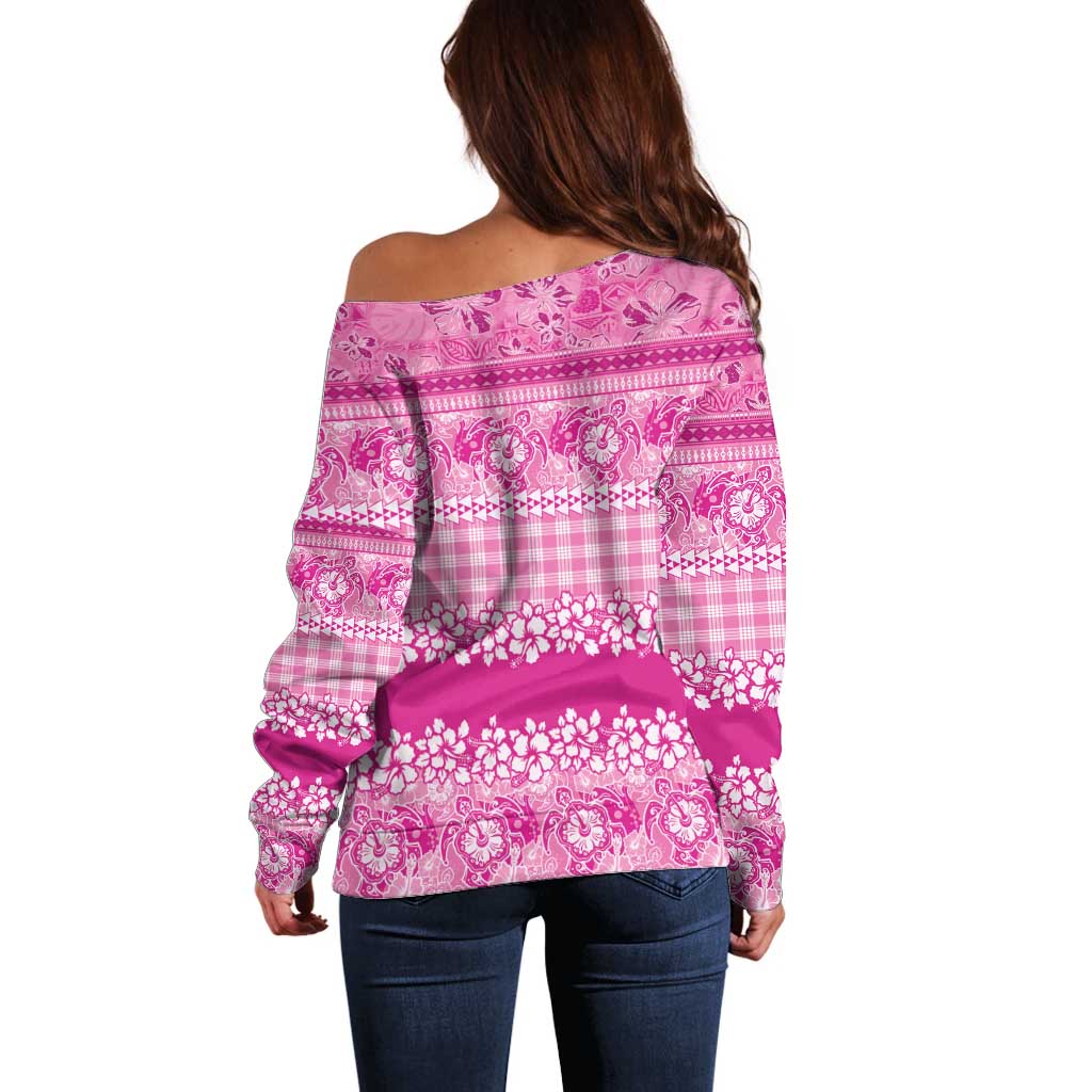 Hawaiian Hibiscus Honu Off Shoulder Sweater Pink Mele Kalikimaka Palaka Spirit - Polynesian Pride