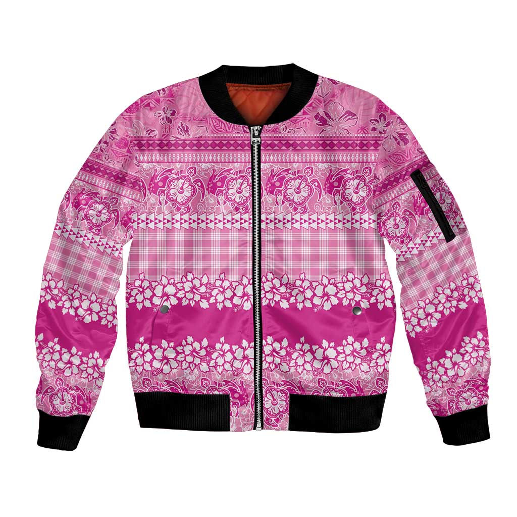 Hawaiian Hibiscus Honu Sleeve Zip Bomber Jacket Pink Mele Kalikimaka Palaka Spirit - Polynesian Pride