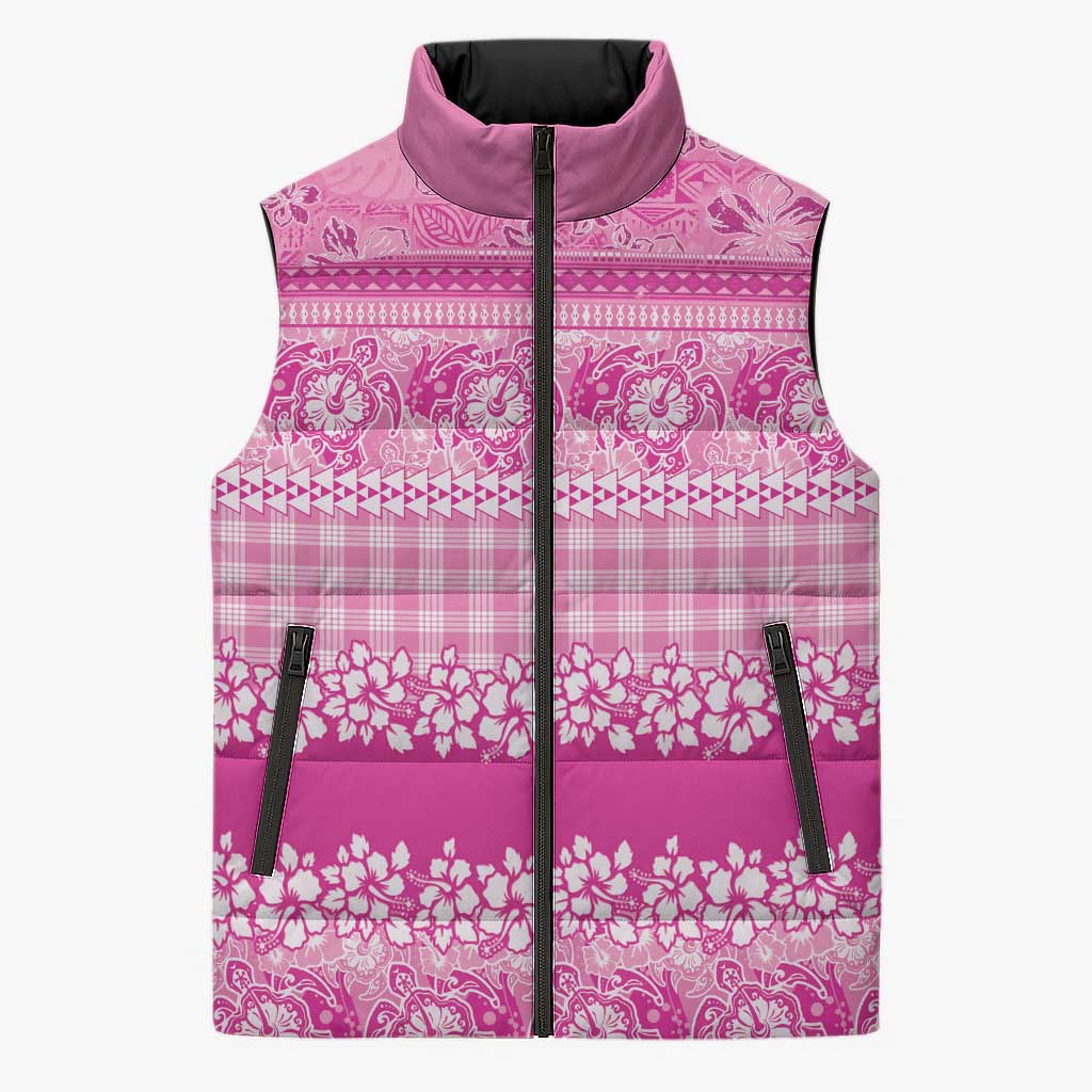 Hawaiian Hibiscus Honu Sleeveless Puffer Jacket Pink Mele Kalikimaka Palaka Spirit - Polynesian Pride
