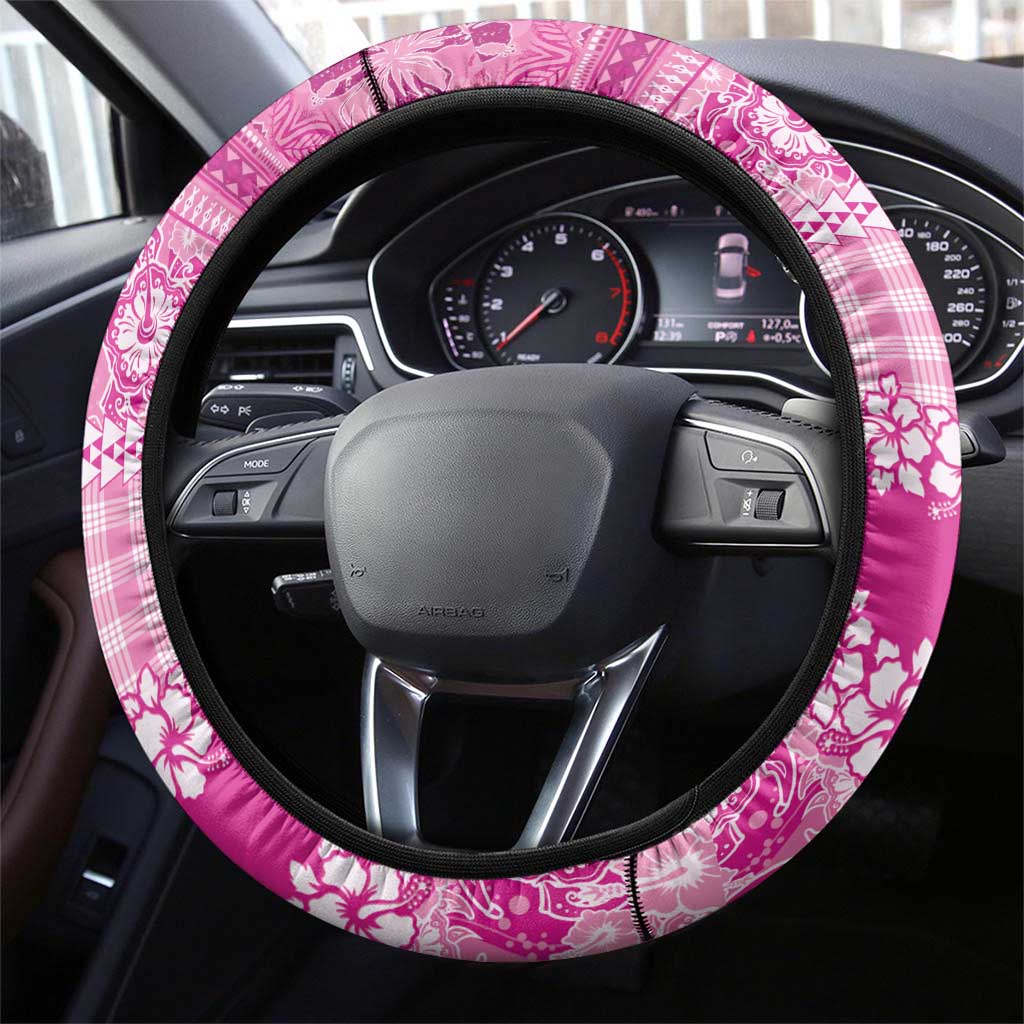 Hawaiian Hibiscus Honu Steering Wheel Cover Pink Mele Kalikimaka Palaka Spirit - Polynesian Pride