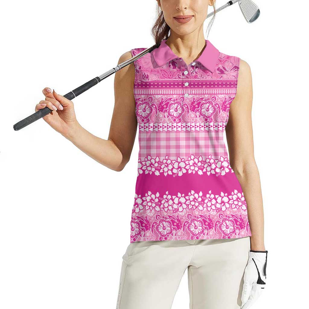 Hawaiian Hibiscus Honu Women Sleeveless Polo Shirt Pink Mele Kalikimaka Palaka Spirit - Polynesian Pride