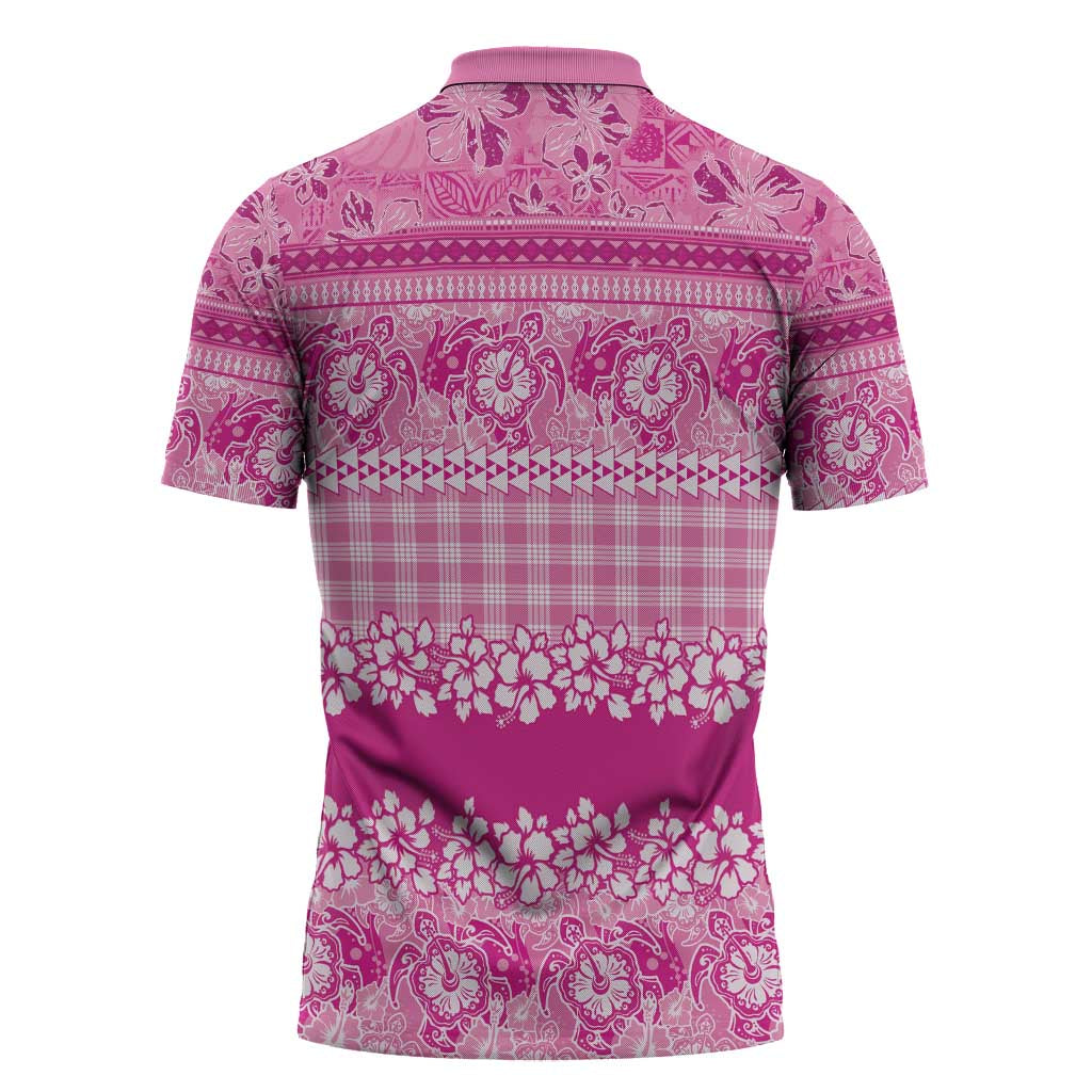 Hawaiian Hibiscus Honu Zipper Polo Shirt Pink Mele Kalikimaka Palaka Spirit - Polynesian Pride