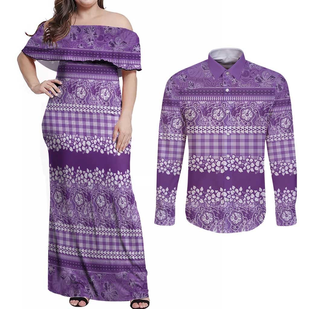 Hawaiian Hibiscus Honu Couples Matching Off Shoulder Maxi Dress and Long Sleeve Button Shirt Purple Mele Kalikimaka Palaka Spirit - Polynesian Pride