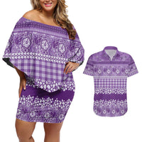 Hawaiian Hibiscus Honu Couples Matching Off Shoulder Short Dress and Hawaiian Shirt Purple Mele Kalikimaka Palaka Spirit - Polynesian Pride