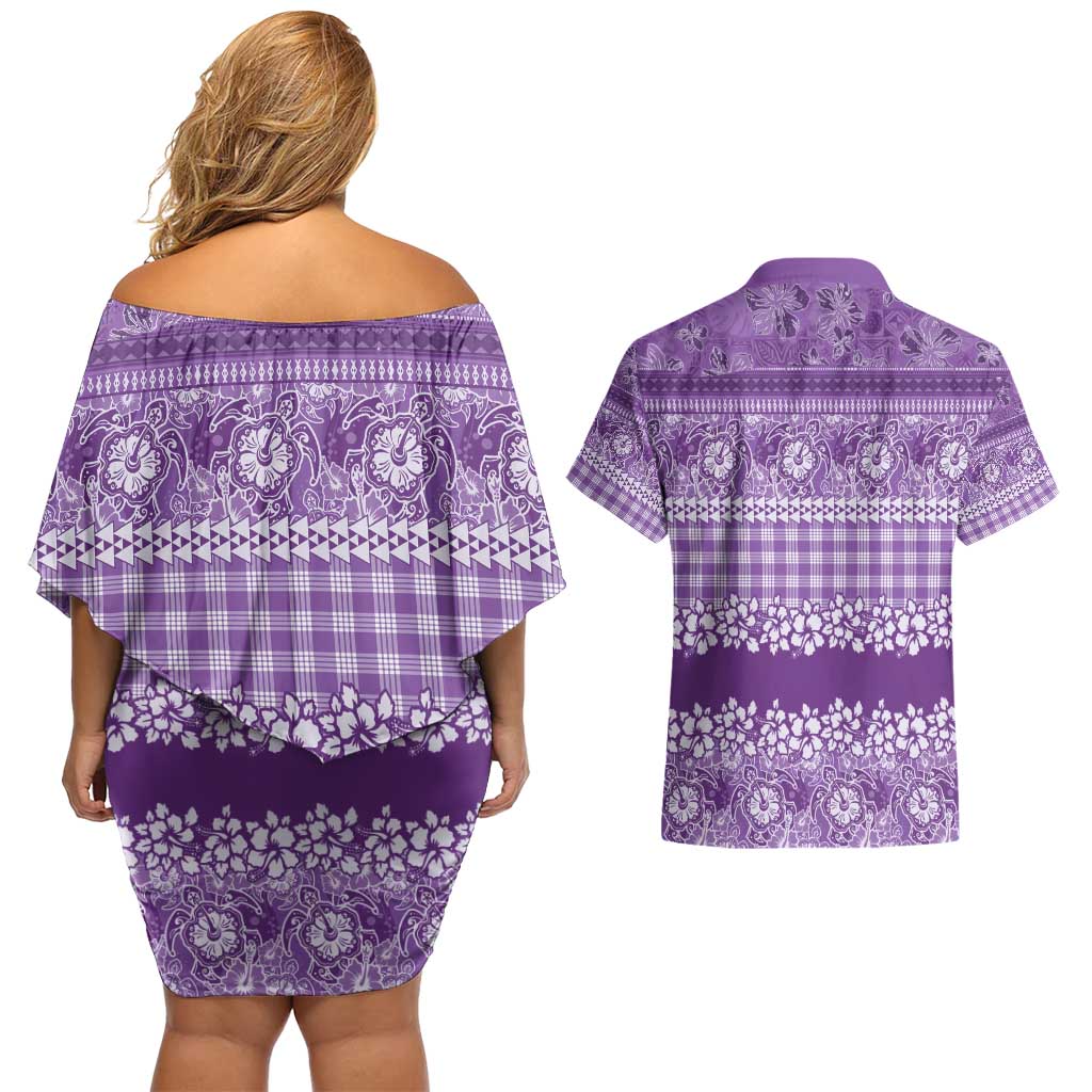 Hawaiian Hibiscus Honu Couples Matching Off Shoulder Short Dress and Hawaiian Shirt Purple Mele Kalikimaka Palaka Spirit - Polynesian Pride
