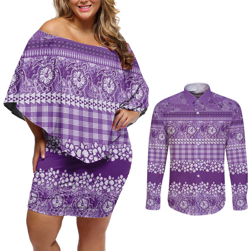 Hawaiian Hibiscus Honu Couples Matching Off Shoulder Short Dress and Long Sleeve Button Shirt Purple Mele Kalikimaka Palaka Spirit - Polynesian Pride