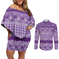 Hawaiian Hibiscus Honu Couples Matching Off Shoulder Short Dress and Long Sleeve Button Shirt Purple Mele Kalikimaka Palaka Spirit - Polynesian Pride
