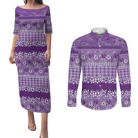 Hawaiian Hibiscus Honu Couples Matching Puletasi and Long Sleeve Button Shirt Purple Mele Kalikimaka Palaka Spirit LT9 Purple - Polynesian Pride