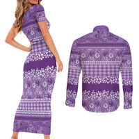 Hawaiian Hibiscus Honu Couples Matching Short Sleeve Bodycon Dress and Long Sleeve Button Shirt Purple Mele Kalikimaka Palaka Spirit - Polynesian Pride