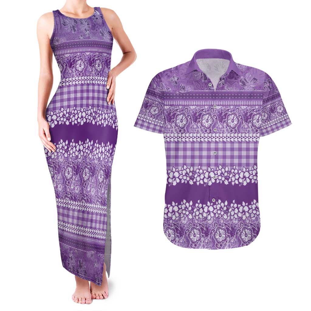 Hawaiian Hibiscus Honu Couples Matching Tank Maxi Dress and Hawaiian Shirt Purple Mele Kalikimaka Palaka Spirit - Polynesian Pride