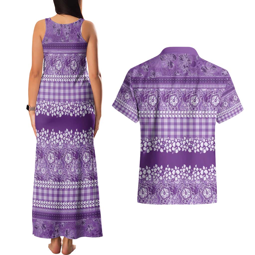 Hawaiian Hibiscus Honu Couples Matching Tank Maxi Dress and Hawaiian Shirt Purple Mele Kalikimaka Palaka Spirit - Polynesian Pride
