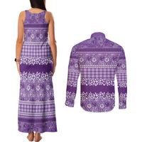 Hawaiian Hibiscus Honu Couples Matching Tank Maxi Dress and Long Sleeve Button Shirt Purple Mele Kalikimaka Palaka Spirit - Polynesian Pride