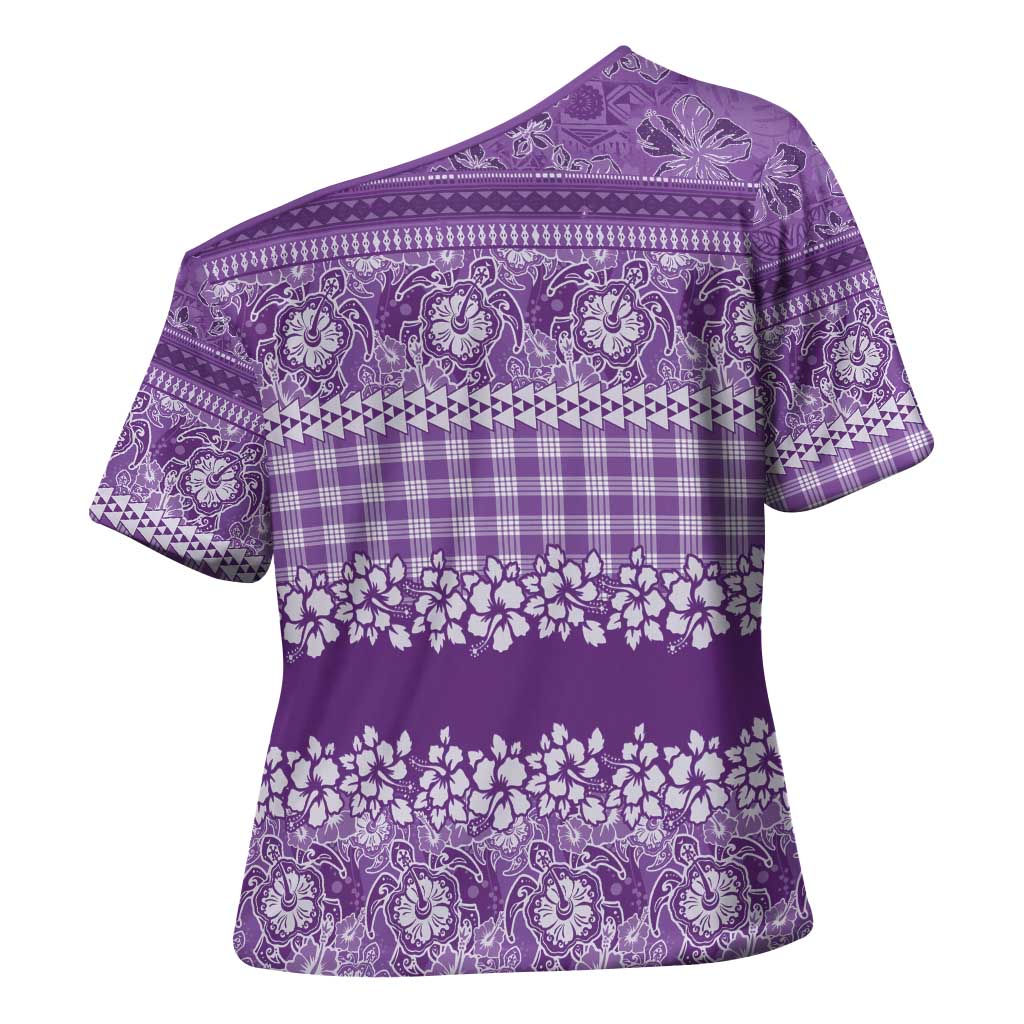 Hawaiian Hibiscus Honu Cross Shoulder Shirt Purple Mele Kalikimaka Palaka Spirit - Polynesian Pride