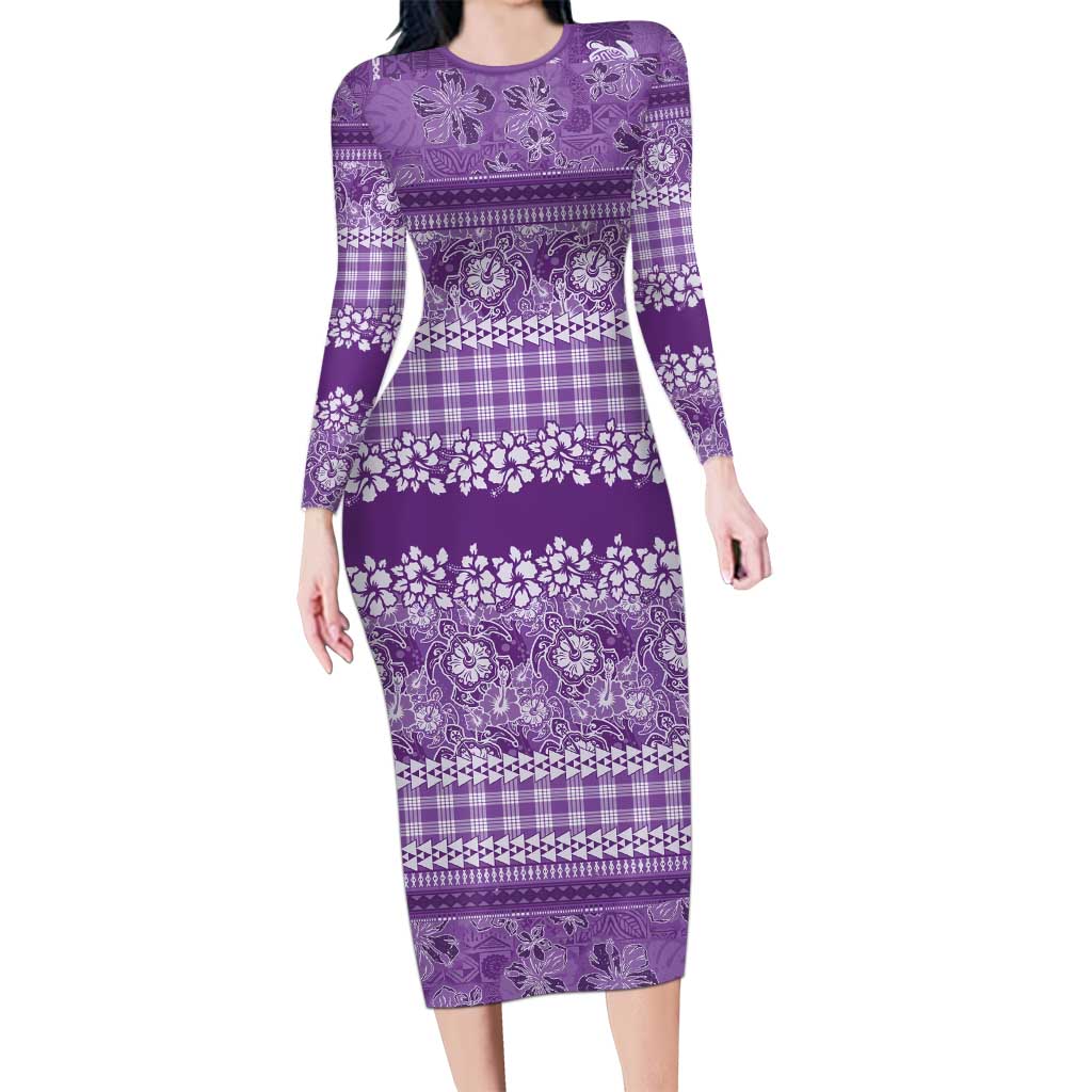 Hawaiian Hibiscus Honu Family Matching Long Sleeve Bodycon Dress and Hawaiian Shirt Purple Mele Kalikimaka Palaka Spirit - Polynesian Pride
