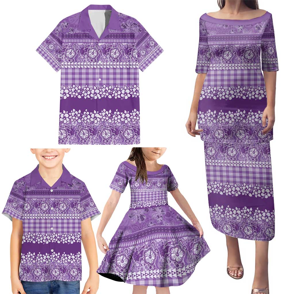 Hawaiian Hibiscus Honu Family Matching Puletasi and Hawaiian Shirt Purple Mele Kalikimaka Palaka Spirit - Polynesian Pride