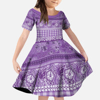 Hawaiian Hibiscus Honu Kid Short Sleeve Dress Purple Mele Kalikimaka Palaka Spirit - Polynesian Pride
