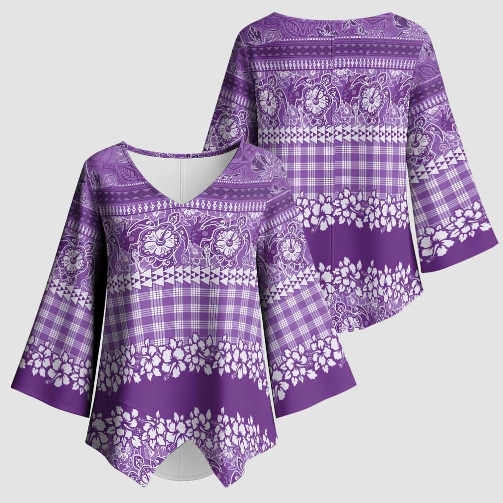 Hawaiian Hibiscus Honu Kimono Sleeve Blouse Purple Mele Kalikimaka Palaka Spirit - Polynesian Pride