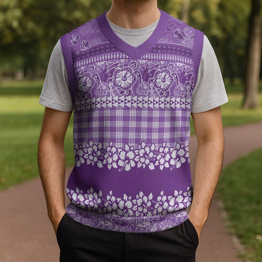 Hawaiian Hibiscus Honu Christmas Knitted V-Neck Vest Purple Mele Kalikimaka Palaka Spirit - Polynesian Pride