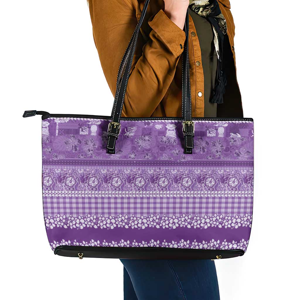 Hawaiian Hibiscus Honu Leather Tote Bag Purple Mele Kalikimaka Palaka Spirit - Polynesian Pride