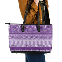 Hawaiian Hibiscus Honu Leather Tote Bag Purple Mele Kalikimaka Palaka Spirit - Polynesian Pride