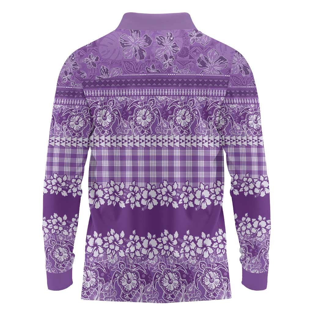 Hawaiian Hibiscus Honu Long Sleeve Polo Shirt Purple Mele Kalikimaka Palaka Spirit - Polynesian Pride