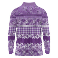 Hawaiian Hibiscus Honu Long Sleeve Polo Shirt Purple Mele Kalikimaka Palaka Spirit - Polynesian Pride