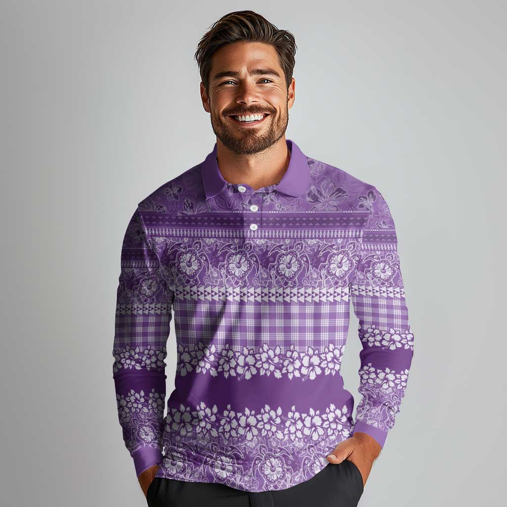 Hawaiian Hibiscus Honu Long Sleeve Polo Shirt Purple Mele Kalikimaka Palaka Spirit - Polynesian Pride