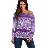 Hawaiian Hibiscus Honu Off Shoulder Sweater Purple Mele Kalikimaka Palaka Spirit - Polynesian Pride