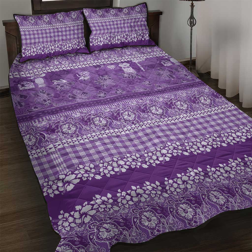 Hawaiian Hibiscus Honu Quilt Bed Set Purple Mele Kalikimaka Palaka Spirit - Polynesian Pride