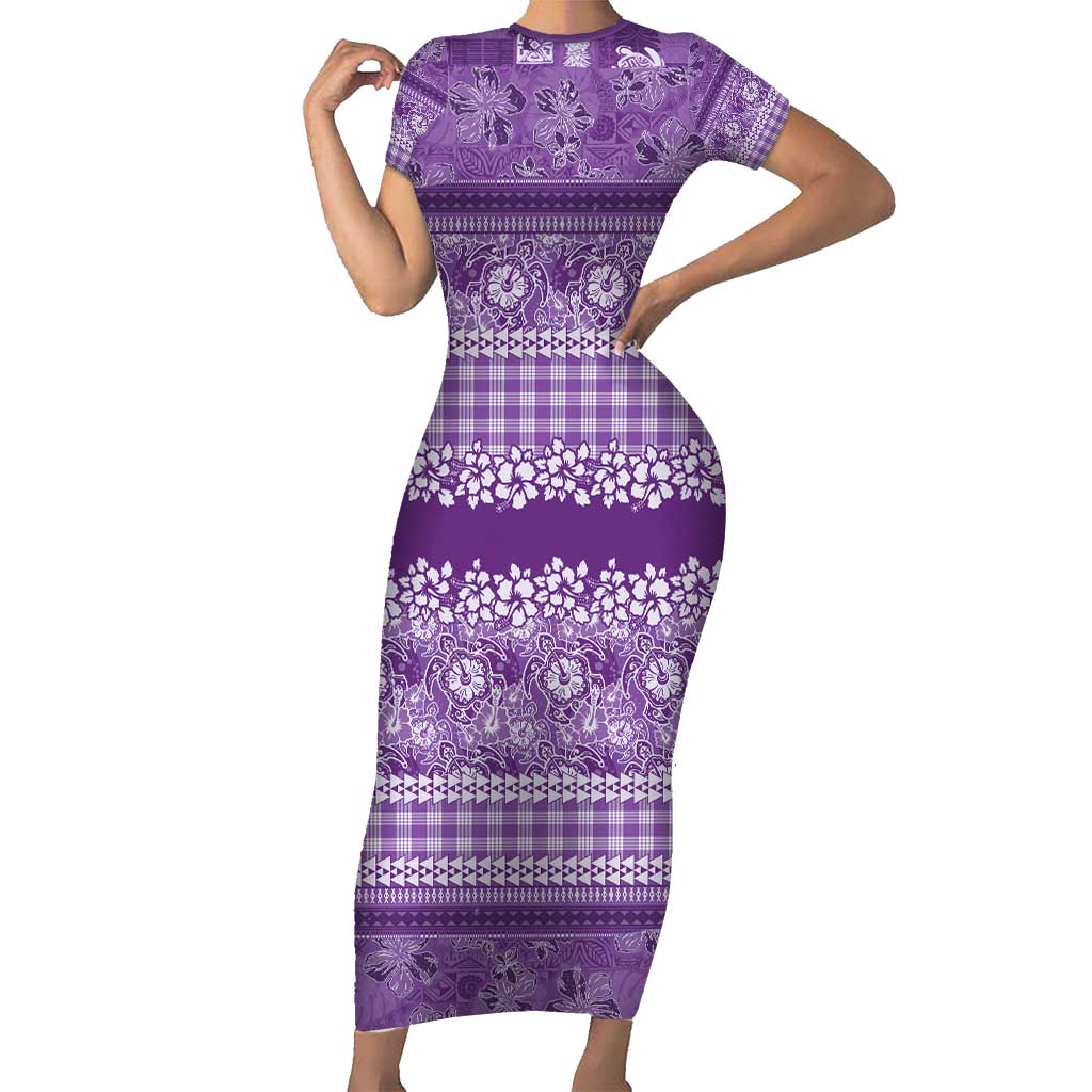 Hawaiian Hibiscus Honu Short Sleeve Bodycon Dress Purple Mele Kalikimaka Palaka Spirit - Polynesian Pride