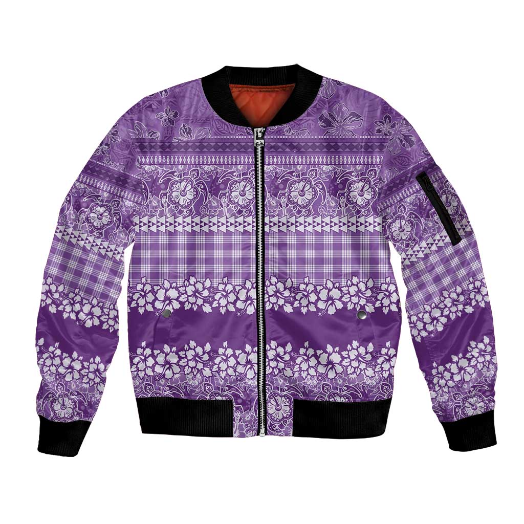 Hawaiian Hibiscus Honu Sleeve Zip Bomber Jacket Purple Mele Kalikimaka Palaka Spirit - Polynesian Pride