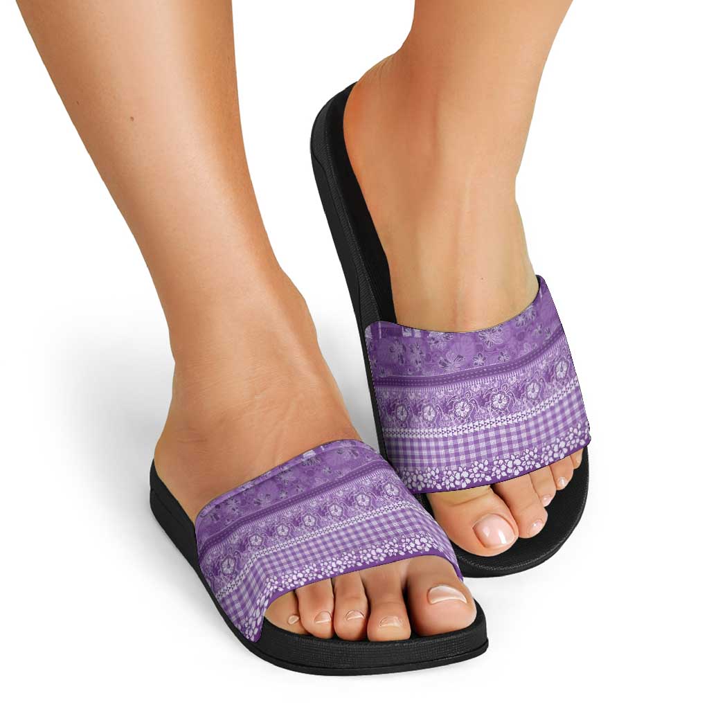 Hawaiian Hibiscus Honu Slide Sandals Purple Mele Kalikimaka Palaka Spirit - Polynesian Pride