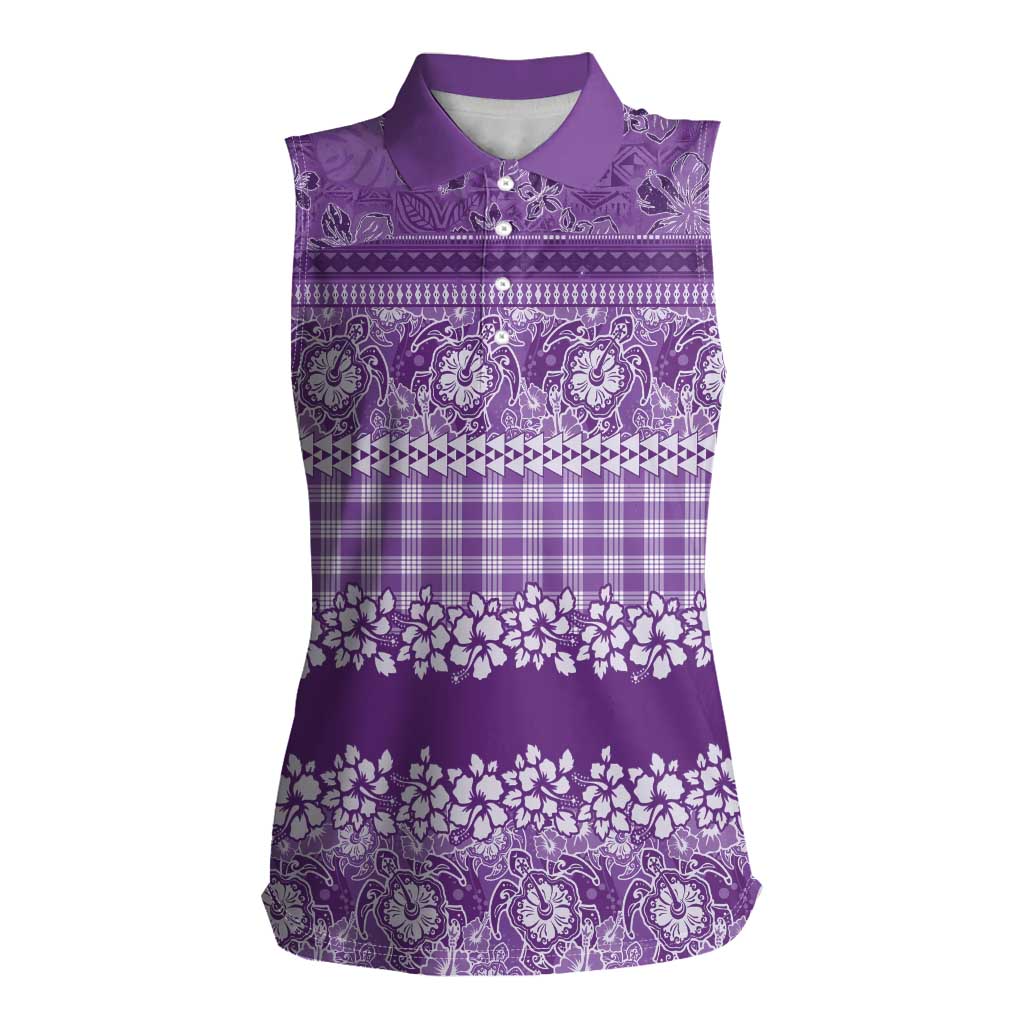 Hawaiian Hibiscus Honu Women Sleeveless Polo Shirt Purple Mele Kalikimaka Palaka Spirit - Polynesian Pride