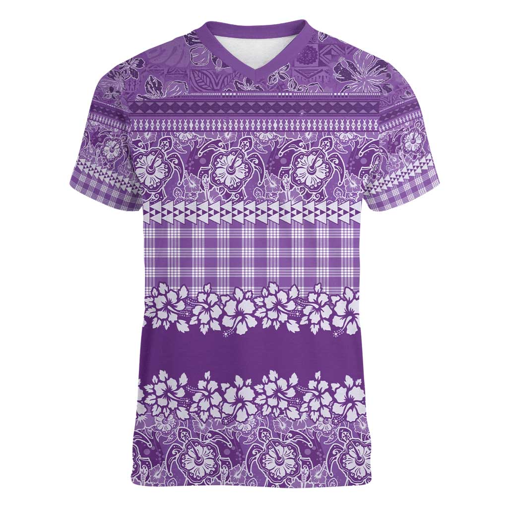 Hawaiian Hibiscus Honu Women V-Neck T-Shirt Purple Mele Kalikimaka Palaka Spirit - Polynesian Pride