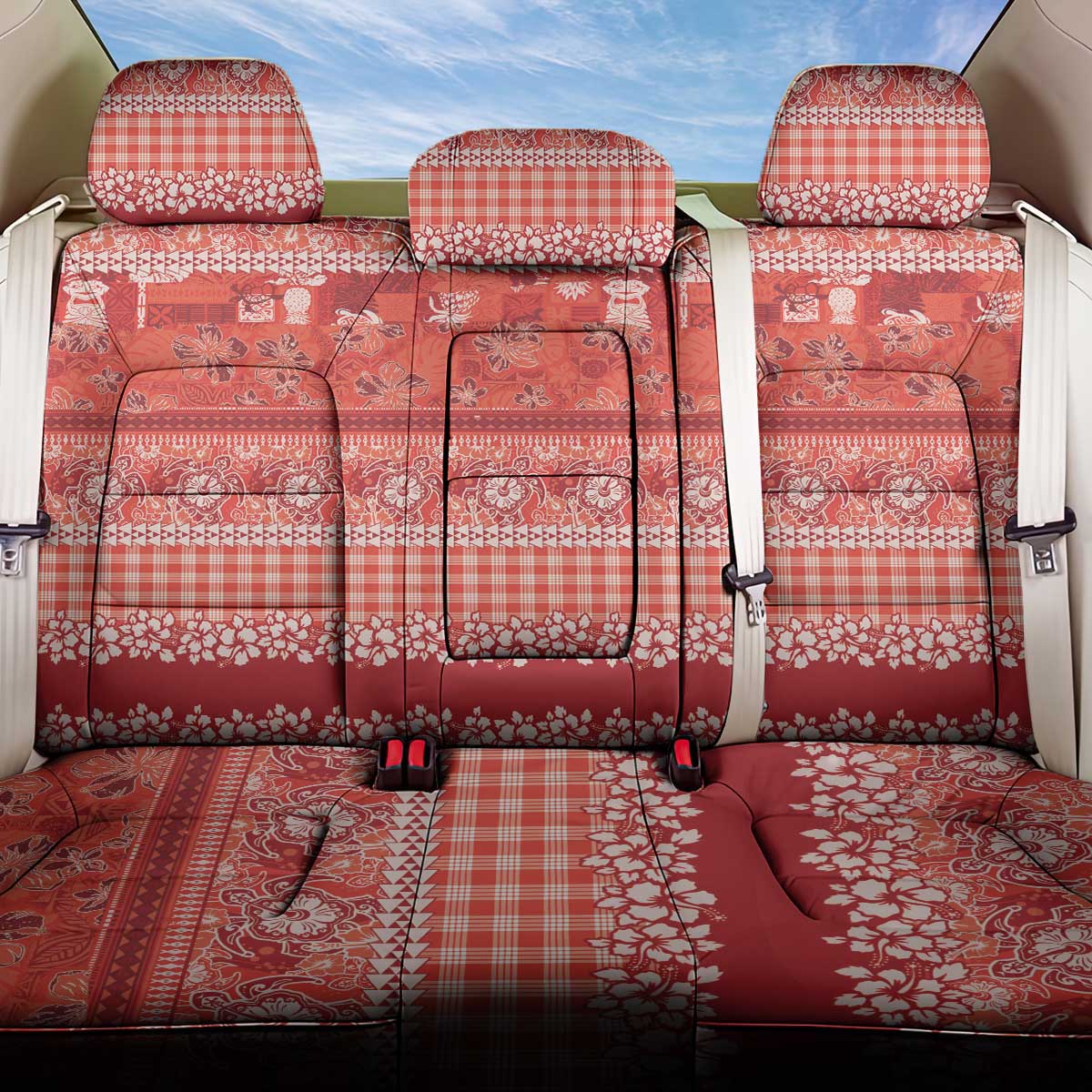 Hawaiian Hibiscus Honu Back Car Seat Cover Red Mele Kalikimaka Palaka Spirit - Polynesian Pride