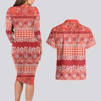 Hawaiian Hibiscus Honu Couples Matching Long Sleeve Bodycon Dress and Hawaiian Shirt Red Mele Kalikimaka Palaka Spirit - Polynesian Pride