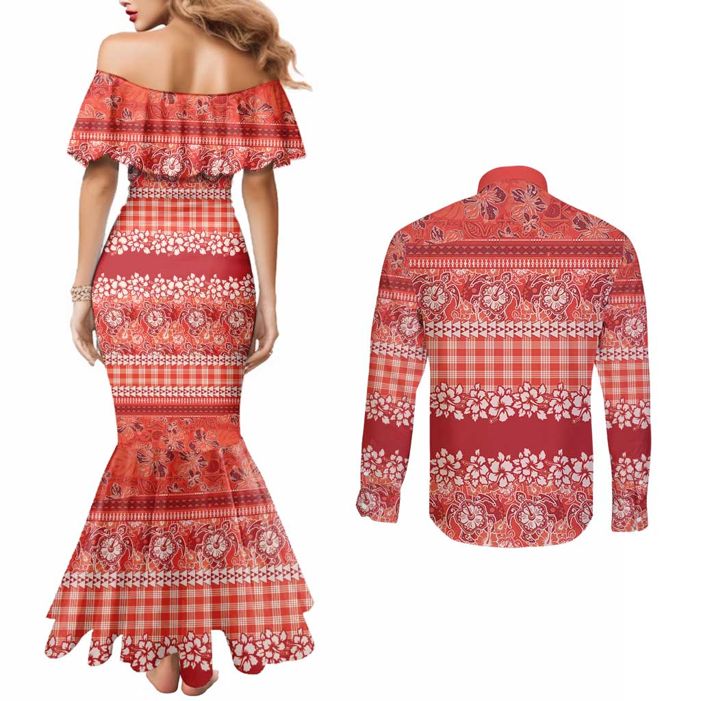 Hawaiian Hibiscus Honu Couples Matching Mermaid Dress and Long Sleeve Button Shirt Red Mele Kalikimaka Palaka Spirit - Polynesian Pride