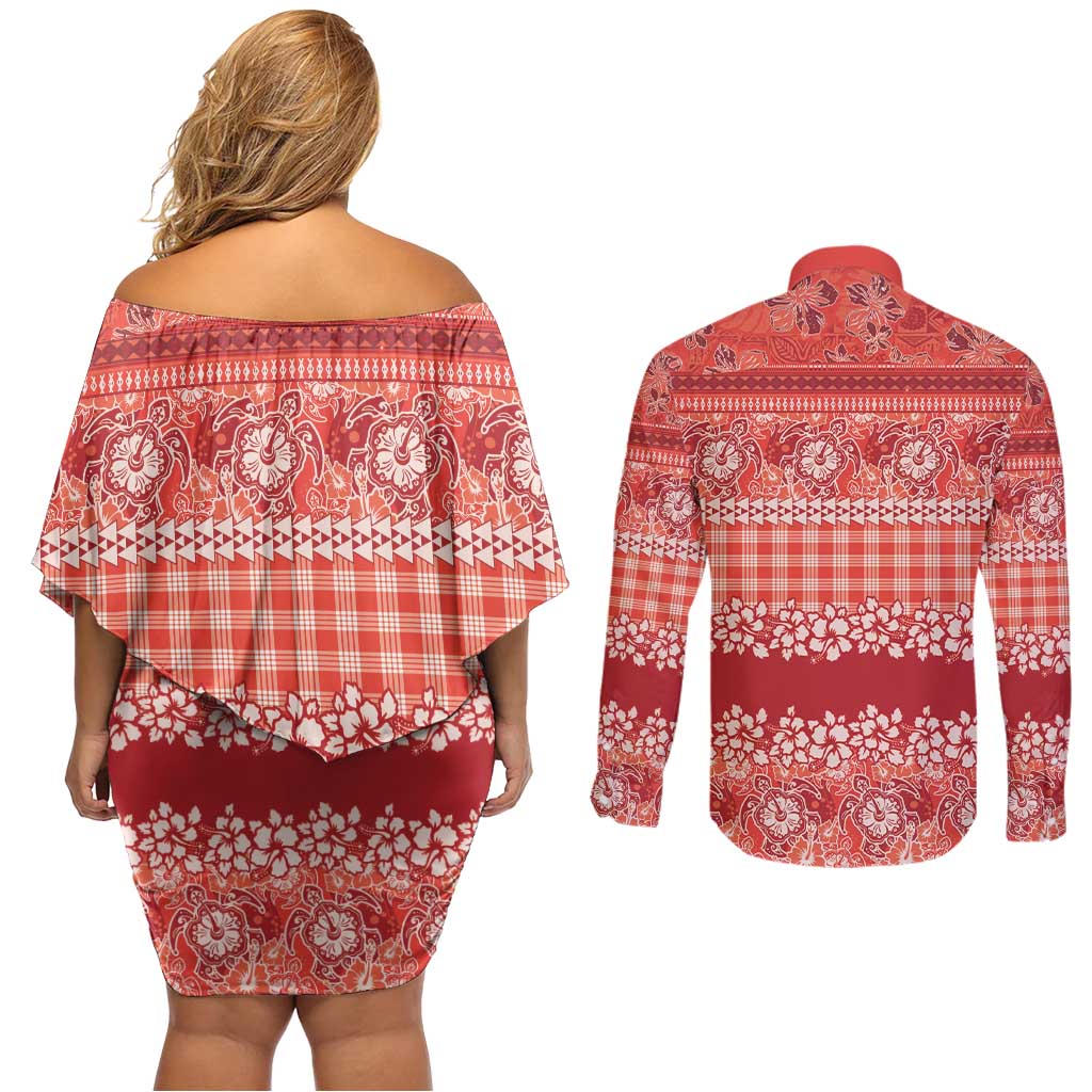 Hawaiian Hibiscus Honu Couples Matching Off Shoulder Short Dress and Long Sleeve Button Shirt Red Mele Kalikimaka Palaka Spirit - Polynesian Pride