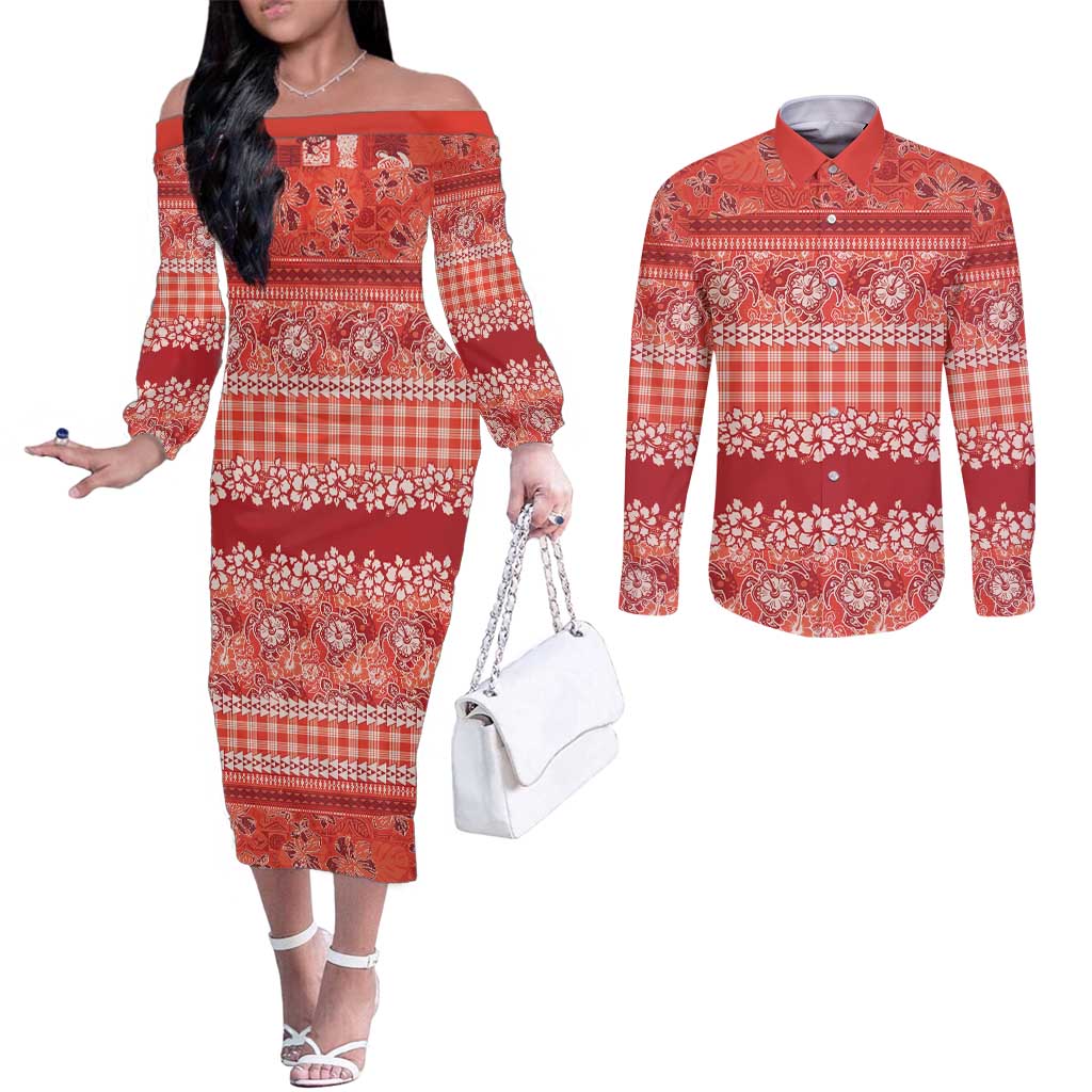 Hawaiian Hibiscus Honu Couples Matching Off The Shoulder Long Sleeve Dress and Long Sleeve Button Shirt Red Mele Kalikimaka Palaka Spirit - Polynesian Pride