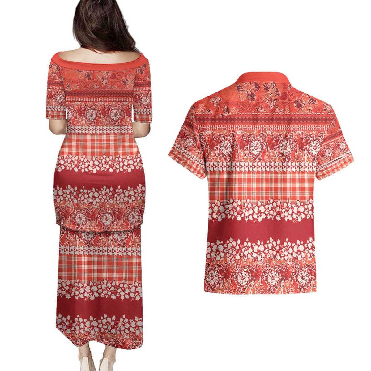 Hawaiian Hibiscus Honu Couples Matching Puletasi and Hawaiian Shirt Red Mele Kalikimaka Palaka Spirit - Polynesian Pride