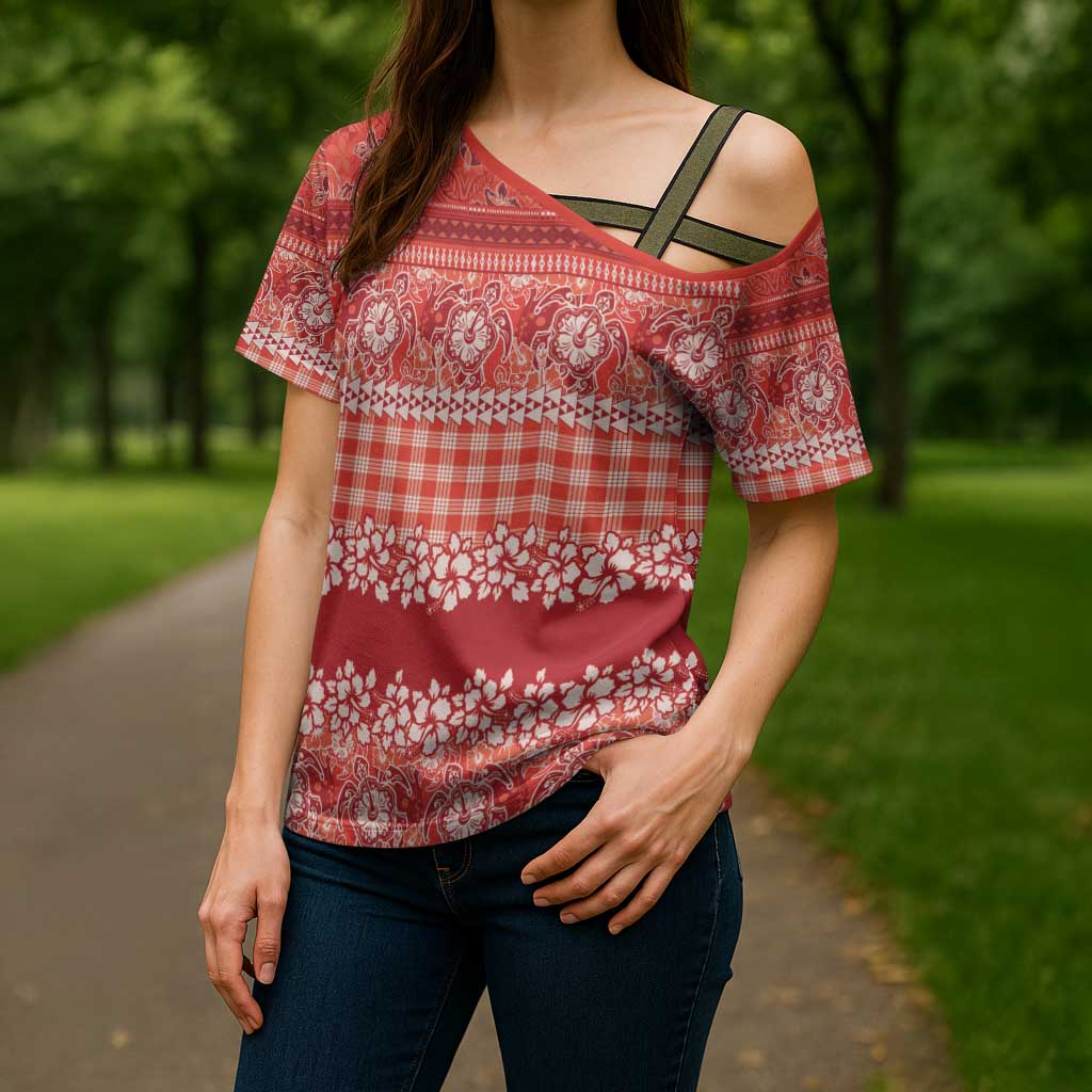 Hawaiian Hibiscus Honu Cross Shoulder Shirt Red Mele Kalikimaka Palaka Spirit - Polynesian Pride