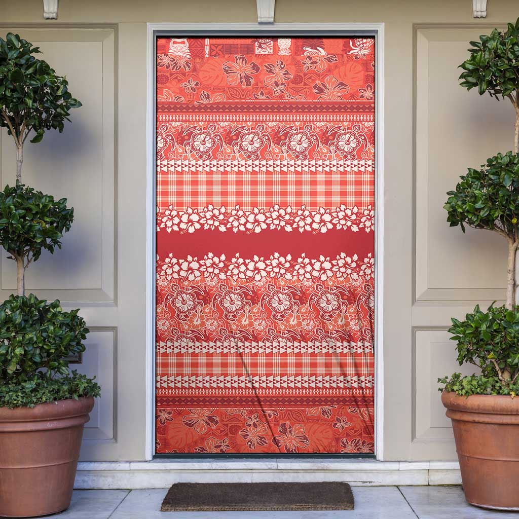 Hawaiian Hibiscus Honu Door Cover Red Mele Kalikimaka Palaka Spirit - Polynesian Pride