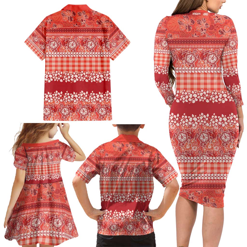 Hawaiian Hibiscus Honu Family Matching Long Sleeve Bodycon Dress and Hawaiian Shirt Red Mele Kalikimaka Palaka Spirit - Polynesian Pride