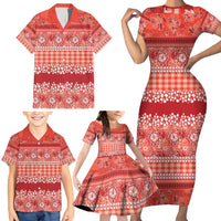 Hawaiian Hibiscus Honu Family Matching Short Sleeve Bodycon Dress and Hawaiian Shirt Red Mele Kalikimaka Palaka Spirit - Polynesian Pride