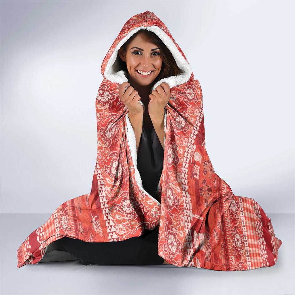 Hawaiian Hibiscus Honu Hooded Blanket Red Mele Kalikimaka Palaka Spirit - Polynesian Pride