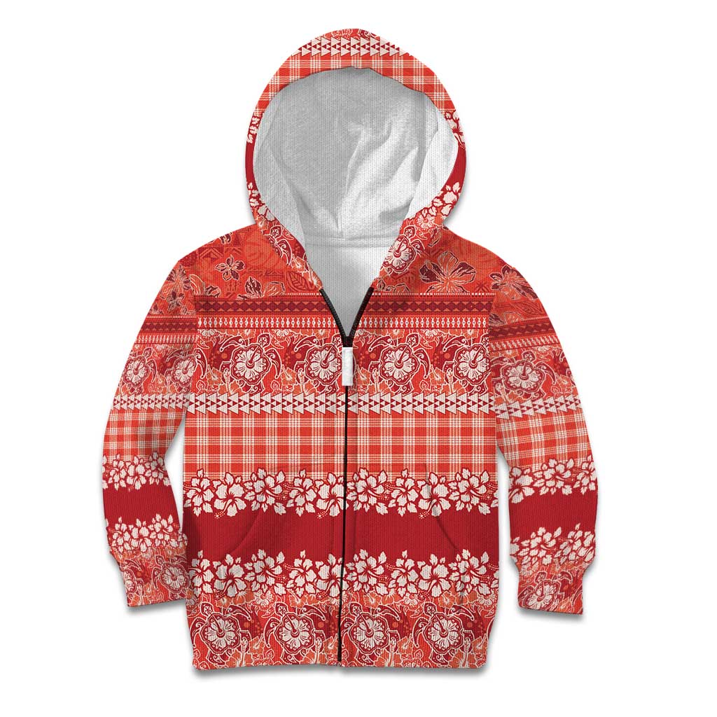 Hawaiian Hibiscus Honu Kid Hoodie Red Mele Kalikimaka Palaka Spirit - Polynesian Pride